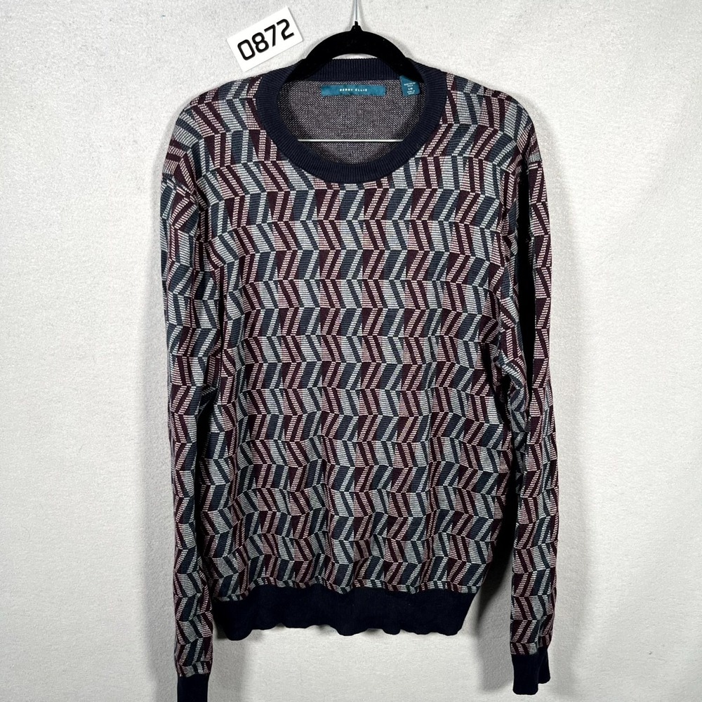 Perry Ellis Sweater Mens Large Multicolor Eoe Jacquard Cotton Crew‎ Neck Casual